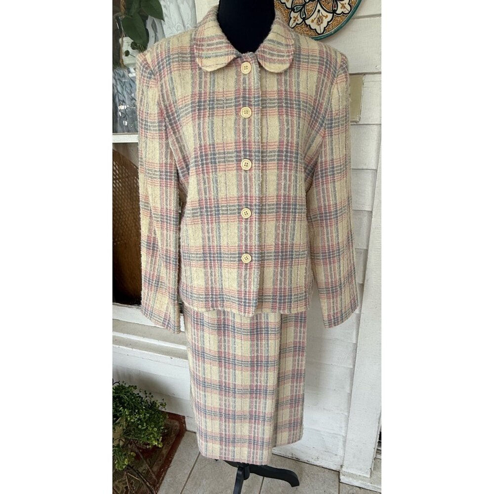 Vintage 50's Collegian of California Pastel Plaid Wool Skirt Suit Sz 9/10